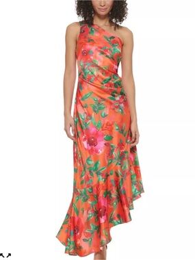 Eliza J One-Shoulder Orange Floral Satin Dress